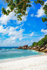Fototapeta na wymiar paradise beach on the seychelles, anse cocos, la digue 18
