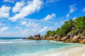 Fototapeta na wymiar paradise beach on the seychelles, anse cocos, la digue 22