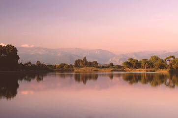 Naklejka premium Sunset at the lake. Pink sky. Warm summer