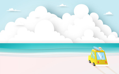 Road trip on the beach with paper art style and pastel color scheme