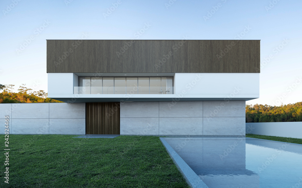 Poster Perspective of luxury modern house with swimming pool and lawn yard in day time, Idea of minimal architecture design. 3D rendering 