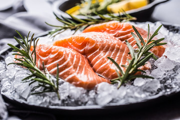 Portioned raw salmon fillets in ice on plate with lemon and rosemary