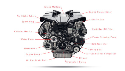 Car engine. Concept of modern car engine isolated ,  parts  / components detailed.