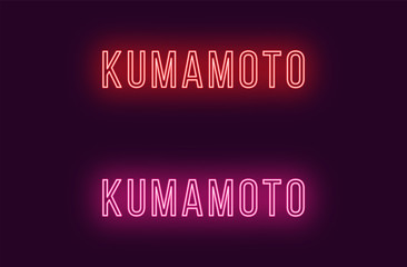 Neon name of Kumamoto city in Japan. Vector text