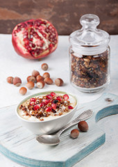 Smoothies with homemade granola and pomegranate