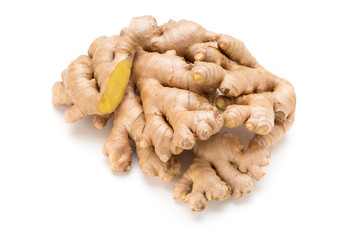 Ginger bio and lemon on white background.