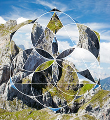 Geometryczny kolaż ze skałą i świętą geometrią - 242027632