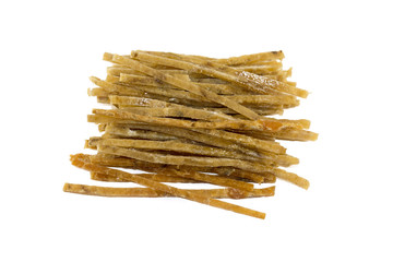 fish sliced strips on white isolated background, fish for beer, dried Pollock.