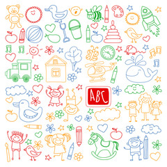 Vector doodle set with kindergarten children. Small kids play, learn, having fun together