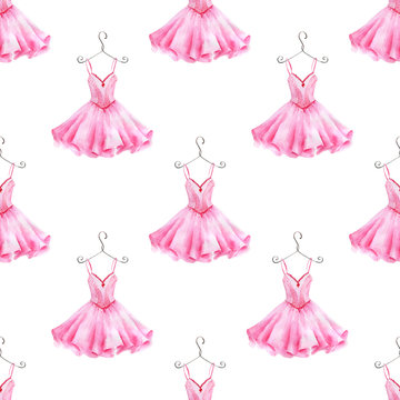 Watercolor hand painted seamless pattern of ballet dress.
