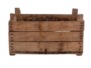 Old wooden box, crate, isolated on white. Front view, empty.