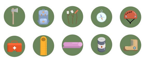 Flat camping icons set. Simple vector icons for web