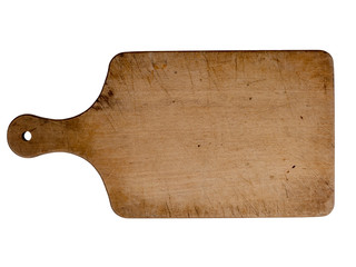 Vintage kitchenware. Old wood cutting or chopping board isolated on white background.