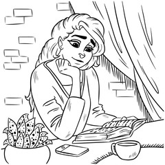 Young lady reading a book outline coloring vector image