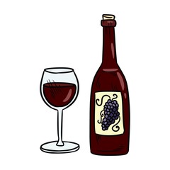 Vector botlle and wine glass, alcohol, line art, doodle, minimalistic picture