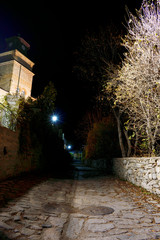Night photo of a paved road and watch tower in the traditional village of Nymfaio in Macedonia in Greece