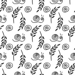 Fototapeta premium Wildflowers, spikelet, snail rural vector seamless pattern. Simplified retro illustration. Wrapping, scrapbook paper background.Childish cartoon doodle art. Element design, wallpaper, fabric printing.
