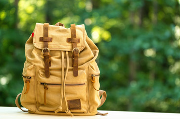 A rustic backpack on a bright summer day in the forest