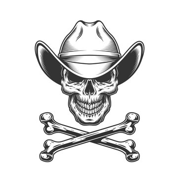 Vintage monochrome cowboy skull and crossbones