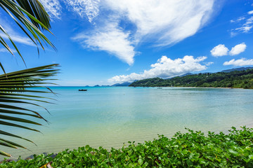Fototapeta na wymiar beautiful lagoon with boats behind palm leaves, seychelles 1