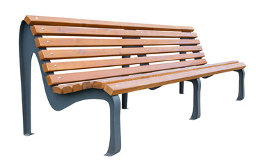 Perspective view of a long wooden bench, isolated on a white background