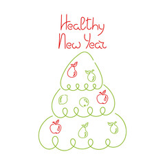 Healthy New Year, motivational phrase. Christmas tree decorated with fruit. Hand drawing, vector illustration.