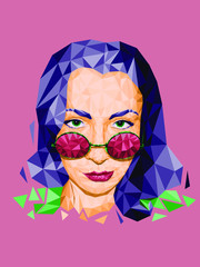 Polygonal abstract portrait of a woman with glasses. Vector illustration