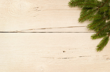 Christmas gifts, fir tree branches on white wooden table, background. Christmas composition. Flat lay, frame