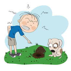 Boy or a man angry with his dog, pointing his finger at the digged hole in the lawn in his garden, puppy is looking sorry for his bad behavior  - original hand drawn illustration