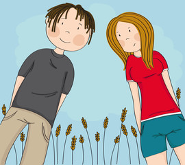 Two happy teenagers, boy and girl looking down at the camera and smiling, blue sky behind them, they are standing in front of the corn field - original hand drawn illustration
