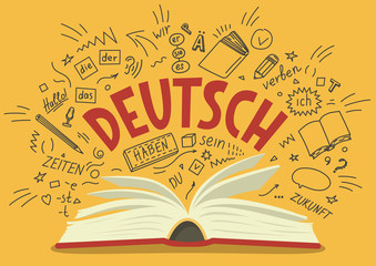Deutsch. Translation: "German". German language hand drawn doodles and lettering.