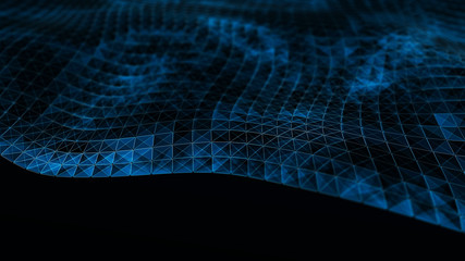Digital data visualization. cybernetic particles. Low poly mesh. Flow. Wave. Abstract polygonal low poly wave background with connecting dots and lines. 3D rendering.