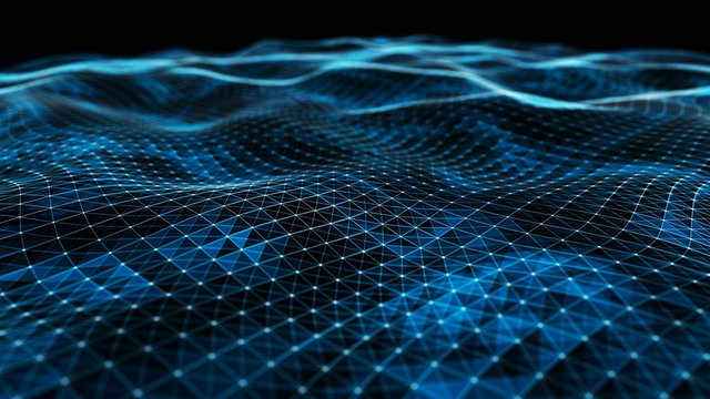 Digital data visualization. cybernetic particles. Low poly mesh. Flow. Wave. Abstract polygonal low poly wave background with connecting dots and lines. 3D rendering.