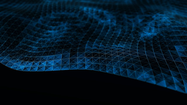 Digital data visualization. cybernetic particles. Low poly mesh. Flow. Wave. Abstract polygonal low poly wave background with connecting dots and lines. 3D rendering.