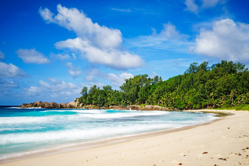 Obraz na płótnie Canvas beautiful paradise tropical beach,palms,rocks,white sand,turquoise water, seychelles 5