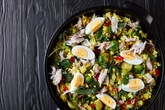 Kedgeree with flaked smoked fish, top view