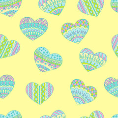 Seamless pattern of pastel colored hearts doodles for Valentine's day