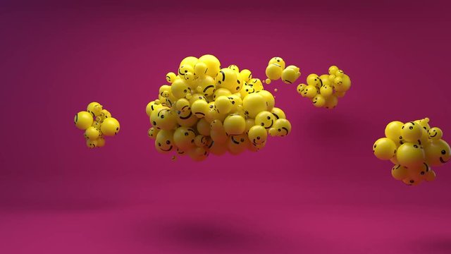 Funny, dancing and whirling emojis. Smiling faces on pink background