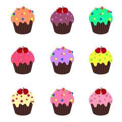 Set of cupcakes. Cake dessert collection with cream. Vector illustration.