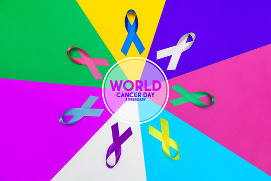 World cancer day concept background. colorful ribbons, cancer awareness