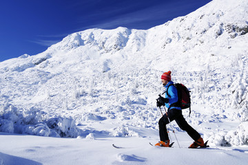 Naklejka na ściany i meble Climber trekking in harsh winter condition. Winter alpine landscape.