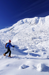 Fototapeta na wymiar Climber trekking in harsh winter condition. Winter alpine landscape.