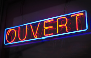 french open neon light sign glowing ouvert business advertising