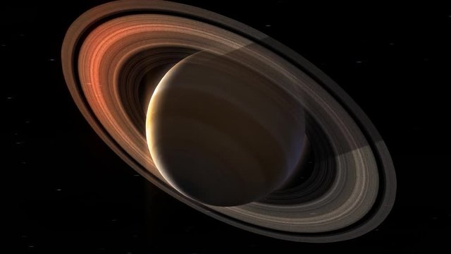 Flug durchs Weltall um den Saturn mit Ringen und Sonne, Endlosschleife