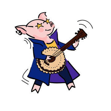 funny vector cartoon rockstar pig with guitar