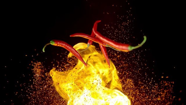 Flying Burning Chili Peppers and Spices. High speed, Phantom Flex 4K