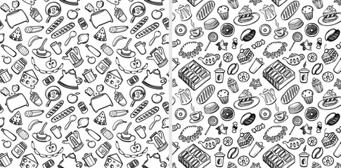 Cartoon cute food and kitchenware on white background. Seamless pattern. Linear illustration. For zentangle book. Breakfast time
