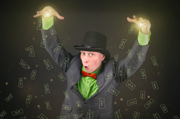 The magician with a bowler hat on his head is casting a magic spell and from his hands is falling a...
