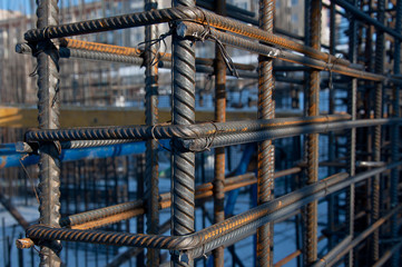 Brand new armature. Laid reinforcement. Preparation for pouring concrete. Close-up. 