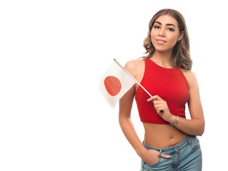 Girl holding Japanese flag isolated on white background